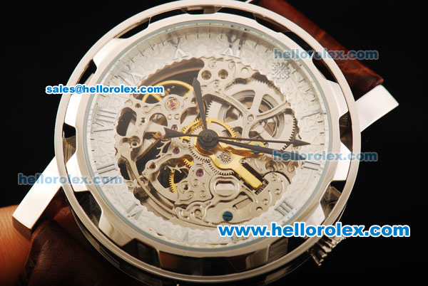 Patek Philippe Skeleton Automatic Movement Steel Case with Roman Numerals and Brown Leather Strap - Click Image to Close